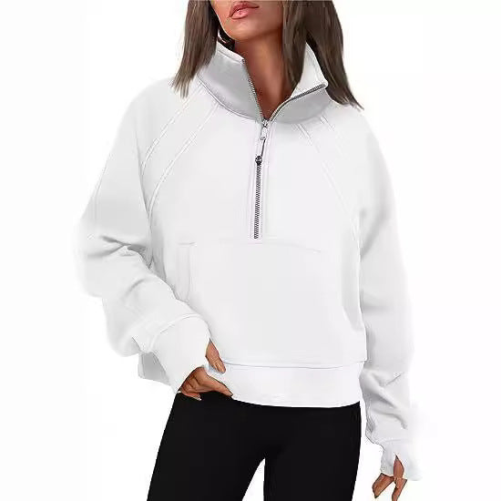 Damen kuscheliger Half-Zip Pullover mit Kapuze und Kängurutasche EB