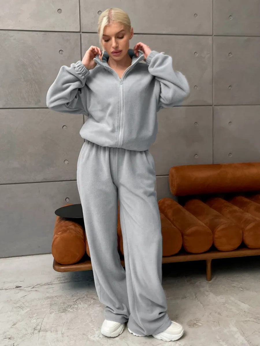 Damen Komfortables Fleece-Loungewear-Set mit kurzem Zip-Top und weiter High-Waist-Hose EB