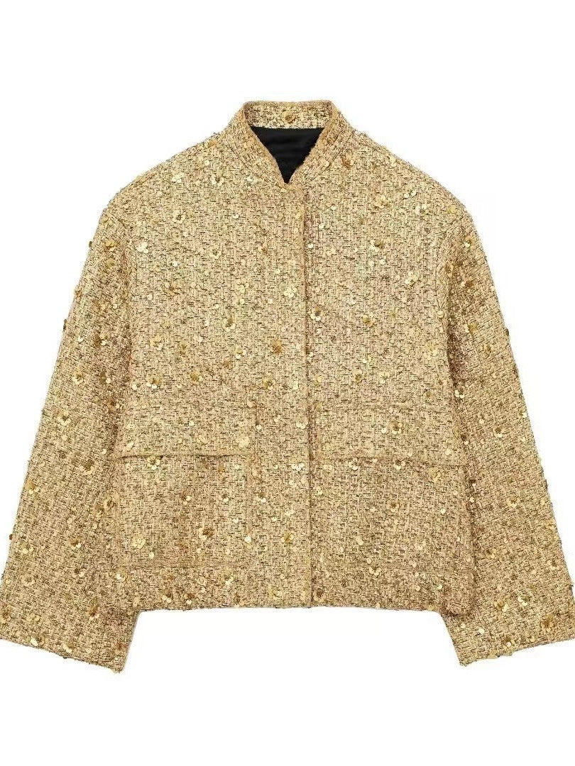 Damen nan strukturierte Boucléjacke mit Stehkragen, aufgesetzten Taschen und elastischem Saum EB