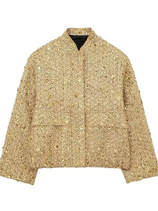 Damen nan strukturierte Boucléjacke mit Stehkragen, aufgesetzten Taschen und elastischem Saum EB