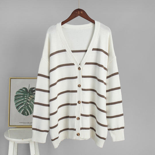 Damen Strickcardigan mit V-Ausschnitt und groben Streifen EB
