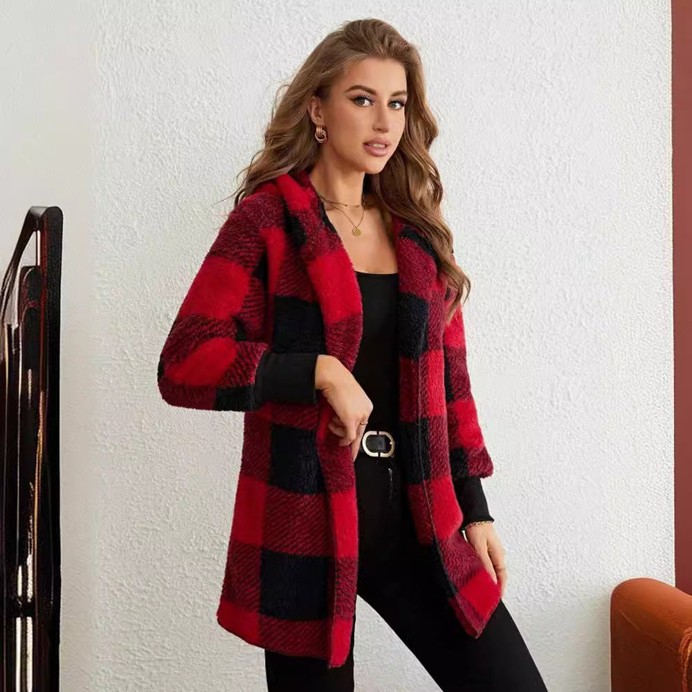 Damen nan karierter Teddy-Mantel mit großem Reverskragen und Rippbündchen EB