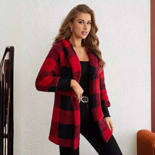 Damen nan karierter Teddy-Mantel mit großem Reverskragen und Rippbündchen EB