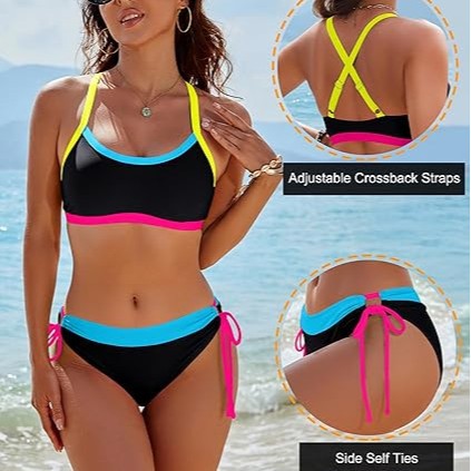 Damen Bikini-Set mit bunten Akzenten und verstellbaren Schnüren EB