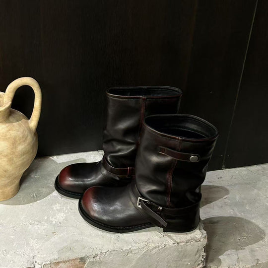 Damen modische Winterstiefel mit gerafftem Schaft und dekorativem Schnallenakzent EB