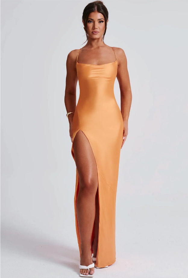 Damen Elegantes Maxikleid mit hochhängendem Schlitz und schmalem Trägerdesign EB