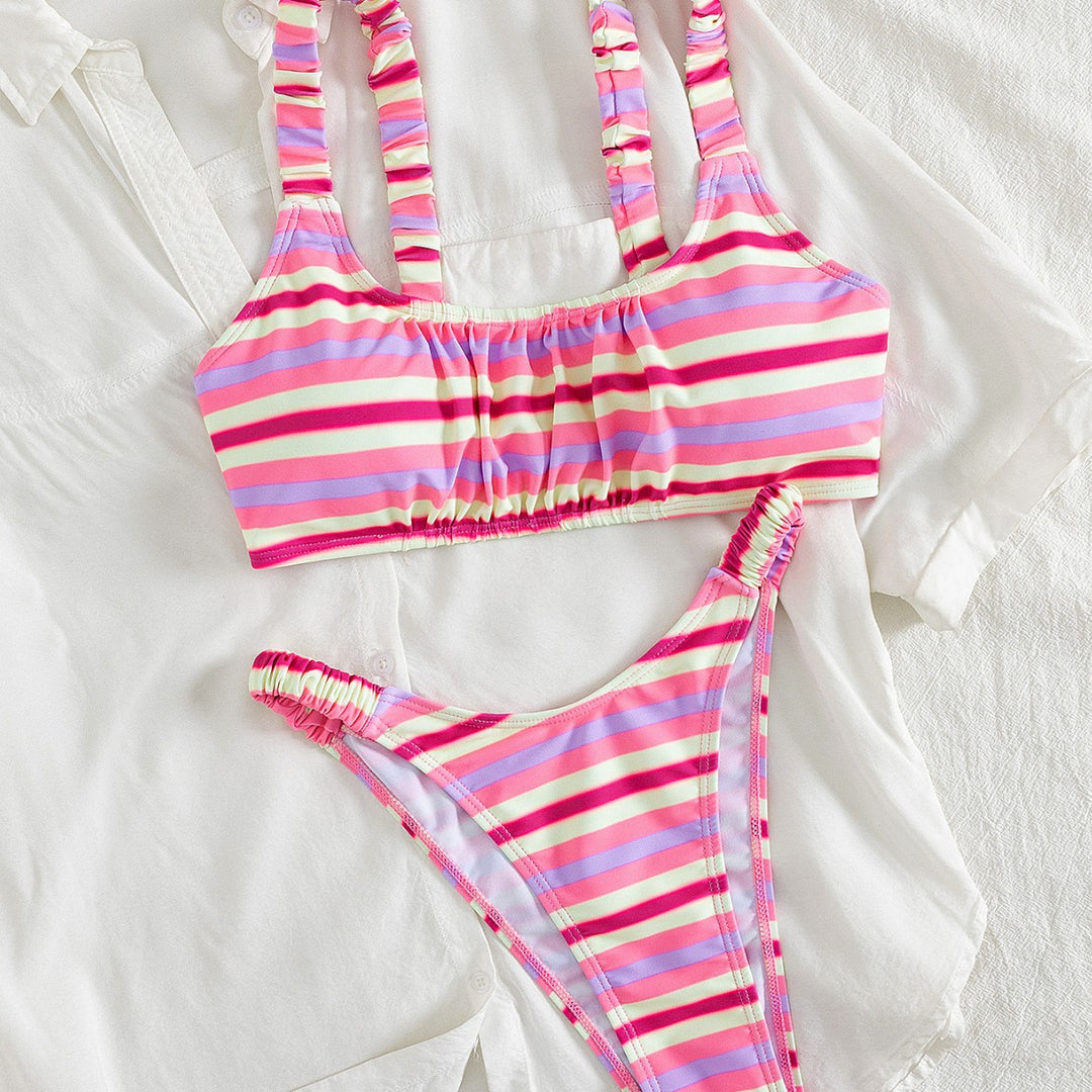 Damen Sportlicher Bikini mit modischem Streifenmuster und elastischem Bund EB