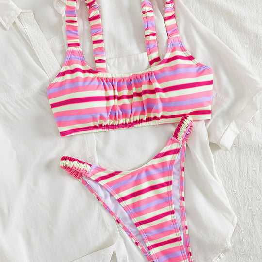 Damen Sportlicher Bikini mit modischem Streifenmuster und elastischem Bund EB
