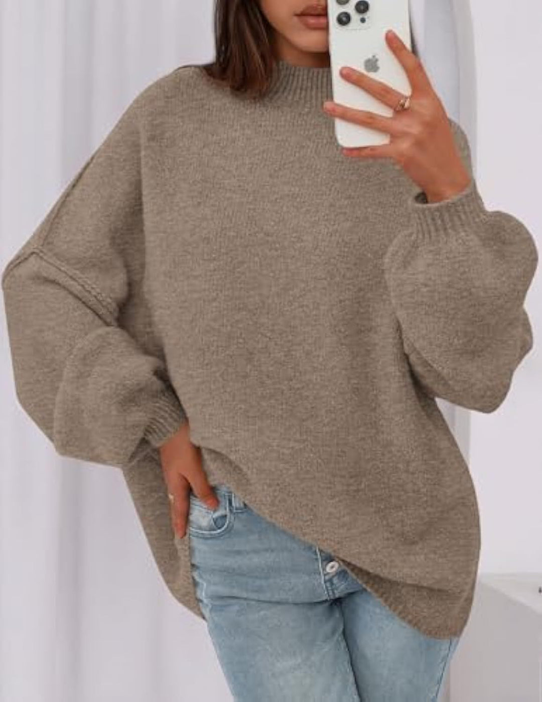 Damen Oversize-Strickpullover mit Stehkragen und Ballonärmeln EB