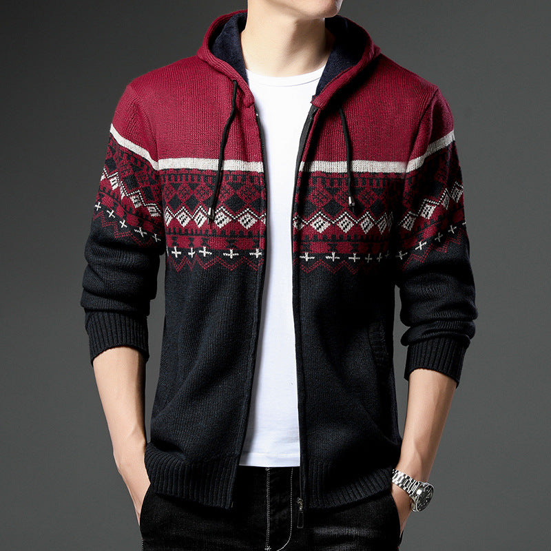 Herren gemusterte Strickjacke mit Kapuze und komfortablem Schnitt EB
