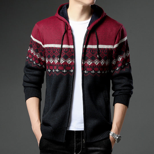 Herren gemusterte Strickjacke mit Kapuze und komfortablem Schnitt EB