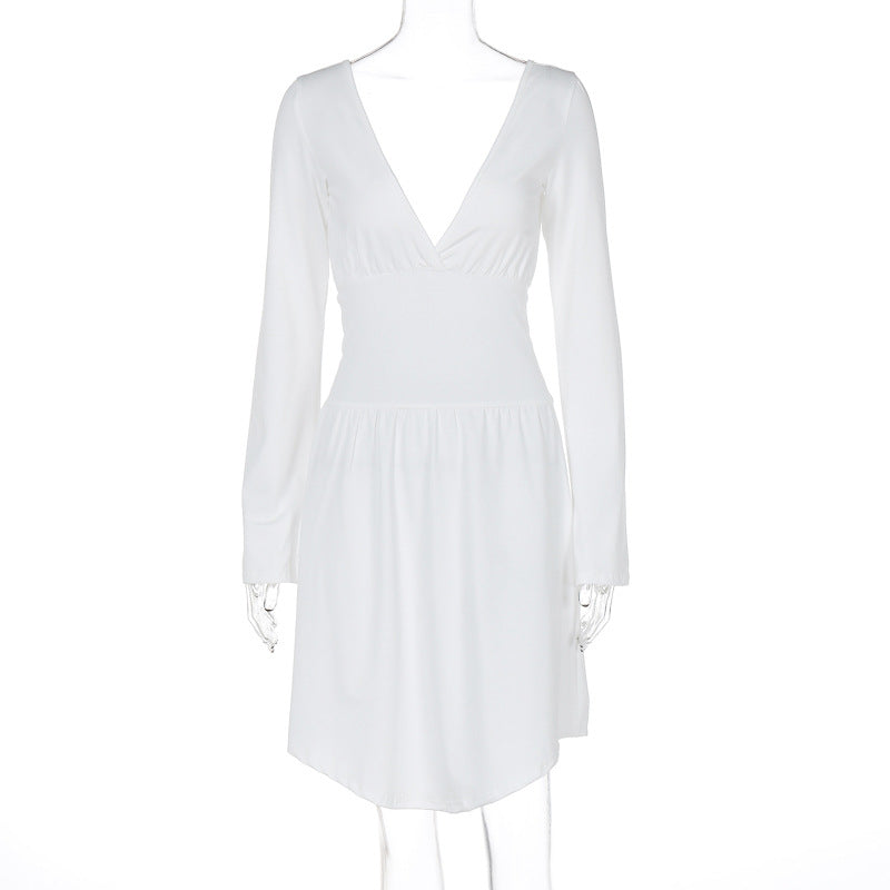 Damen elegantes Kleid mit tiefem V-Ausschnitt und langen Ärmeln EB