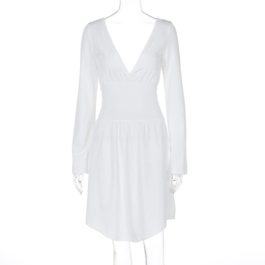 Damen elegantes Kleid mit tiefem V-Ausschnitt und langen Ärmeln EB