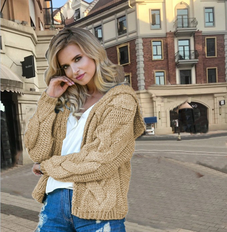 Damen Strickjacke mit Kapuze und modernem Zopfmuster EB