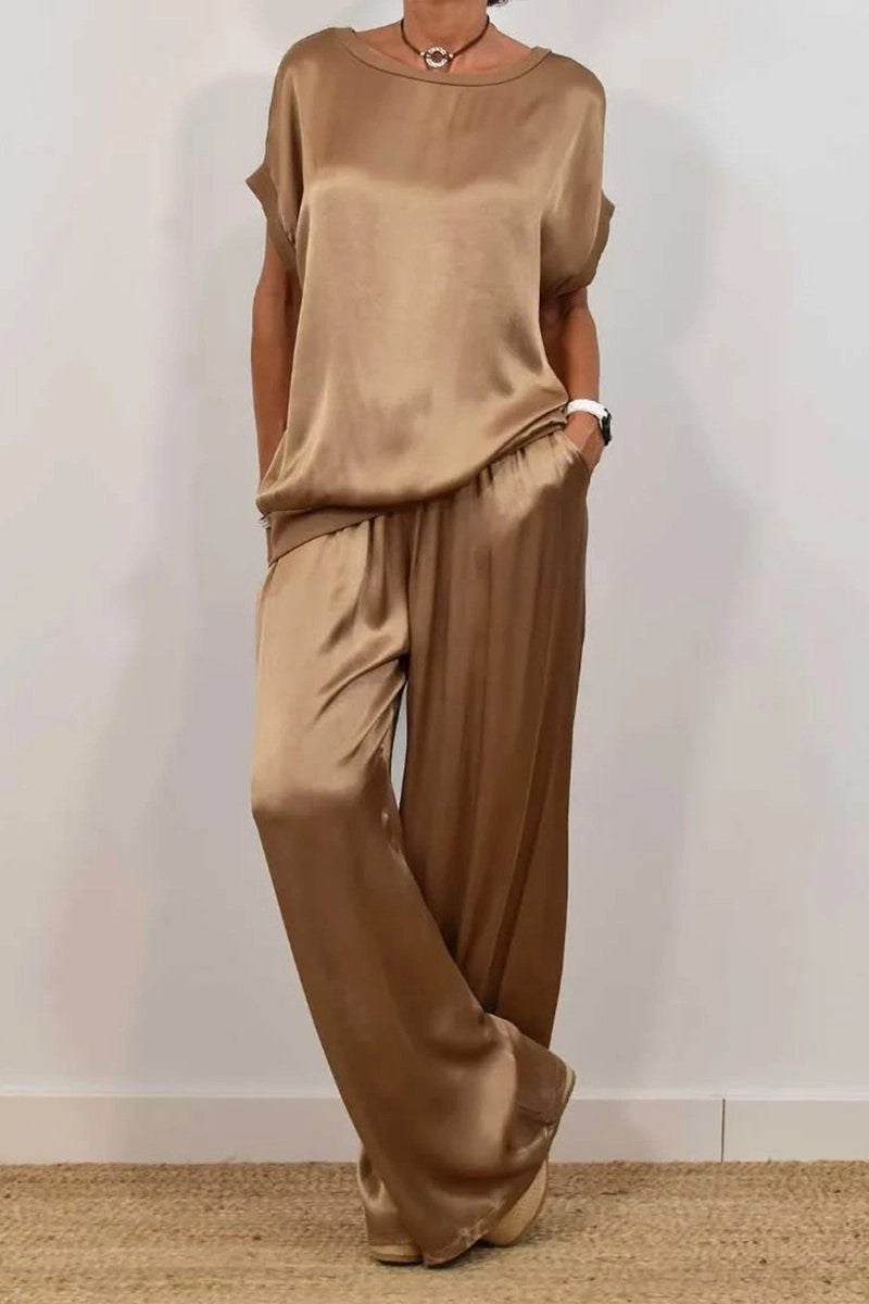 Damen Elegantes Satin Lounge-Set mit weitem Schnitt und lässigem Oberteil EB