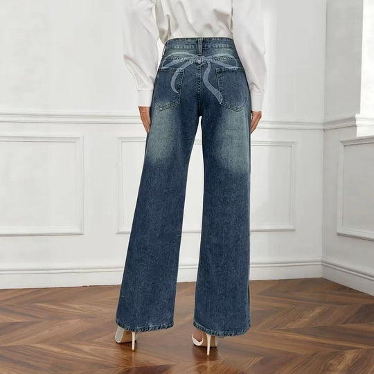 Damen nan High‑Waist Flared-Jeans mit weitem Bein, taillierender Bundnaht und dezenter Used-Struktur EB