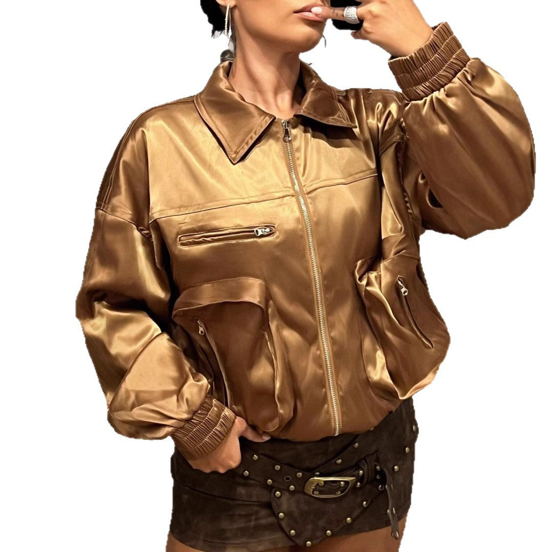 Damen Bomberjacke im glänzenden Satin-Look mit seitlichen Reißverschlusstaschen EB