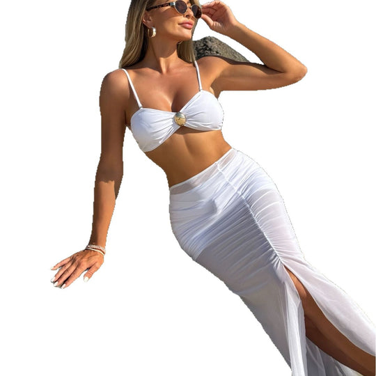 Damen Bikini-Set mit elegantem Wickelrock und dekorativem Ring EB