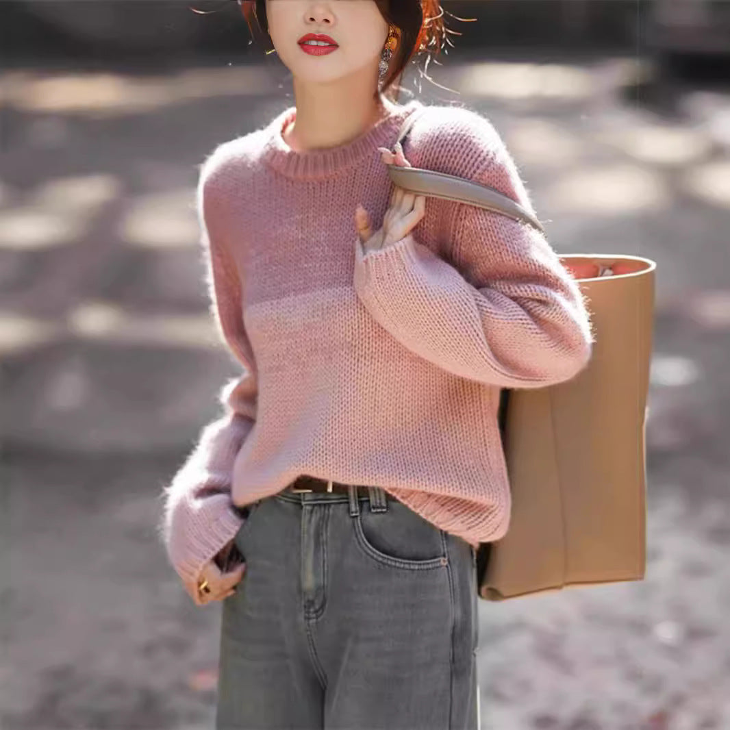 Damen Grobstrickpullover mit sanften Farbverlauf und hohem Kragen EB