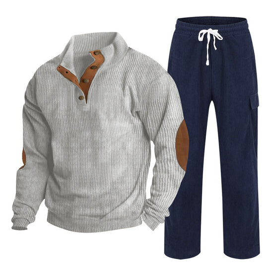 Herren nan Strick-Freizeitset mit Knopfleiste und Ellenbogenaufnähern sowie Cord-Cargohose EB