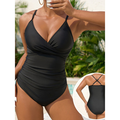 Damen eleganter Einteiler Badeanzug mit modischem Wickeldetail und schickem V-Ausschnitt EB