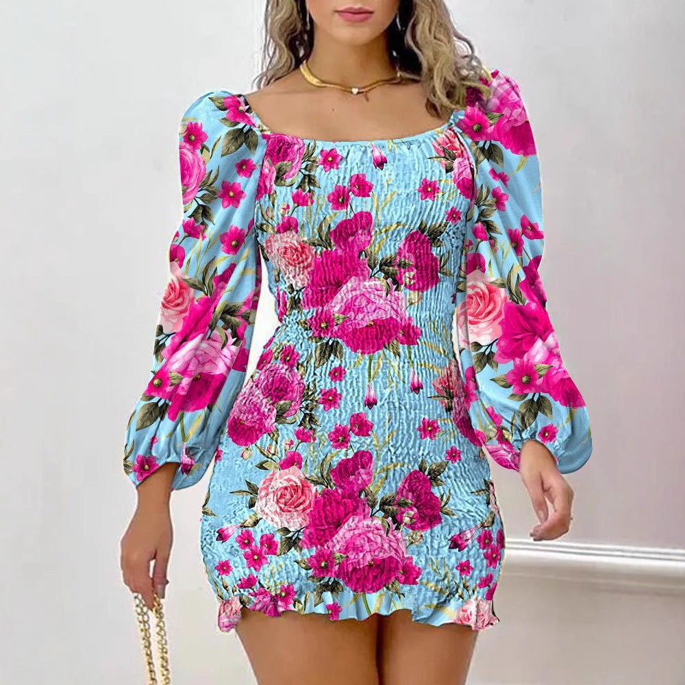 Damen Minikleid mit Puffärmeln und floralem Faltenmuster EB