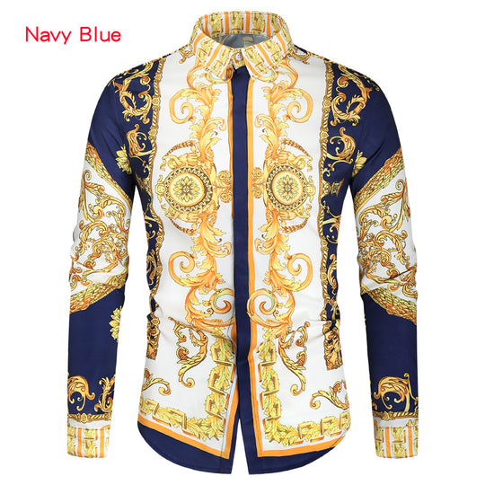 Herren nan barockes Langarm-Hemd mit ornamentalem Druck, Kentkragen und tailliertem Schnitt EB