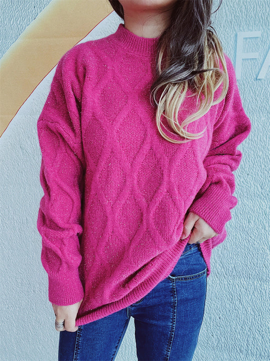 Damen Grobstrickpullover mit elegantem Rautenmuster und voluminösen Ärmeln EB