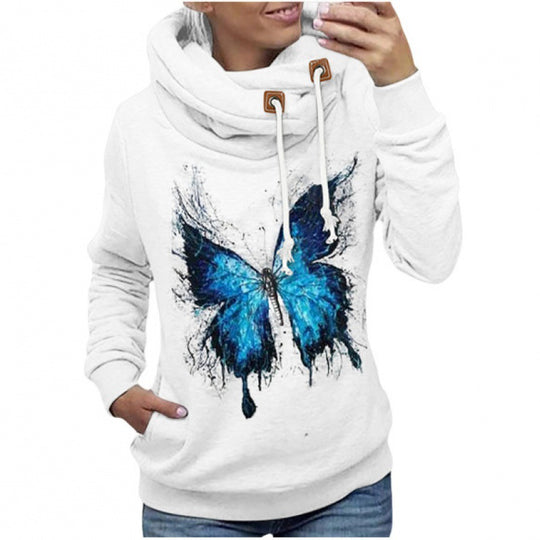Damen Kapuzenpullover mit hohem Schlauchkragen, Kängurutasche und Schmetterlingsprint EB