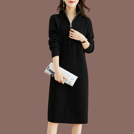 Damen Strickkleid mit steigendem Kragen und strukturierter Ripp-Optik EB