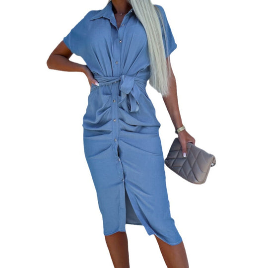 Damen Hemdblusenkleid mit Taillengürtel und Knopfleiste EB