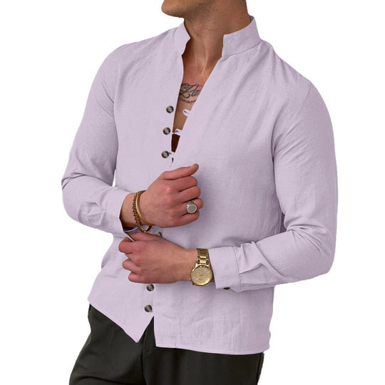 Herren nan elegantes Langarm-Leinenhemd mit Stehkragen asymmetrischer Knopfleiste und schmaler Passform EB