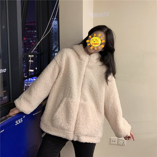 Damen kuschelige Fleecejacke mit Ohren und praktischen Eingrifftaschen EB