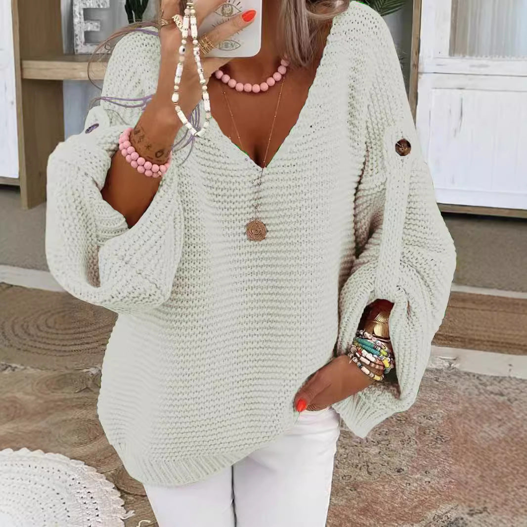 Damen V-Ausschnitt Strickpullover mit weitem Schnitt EB