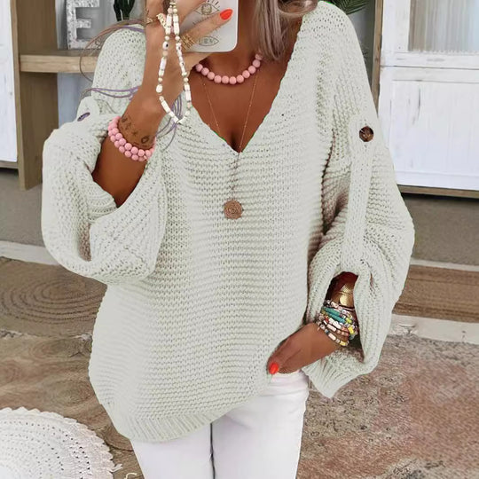 Damen V-Ausschnitt Strickpullover mit weitem Schnitt EB