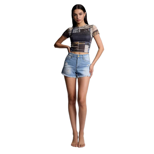 Damen Crop Top und High-Waist Jeans-Shorts EB