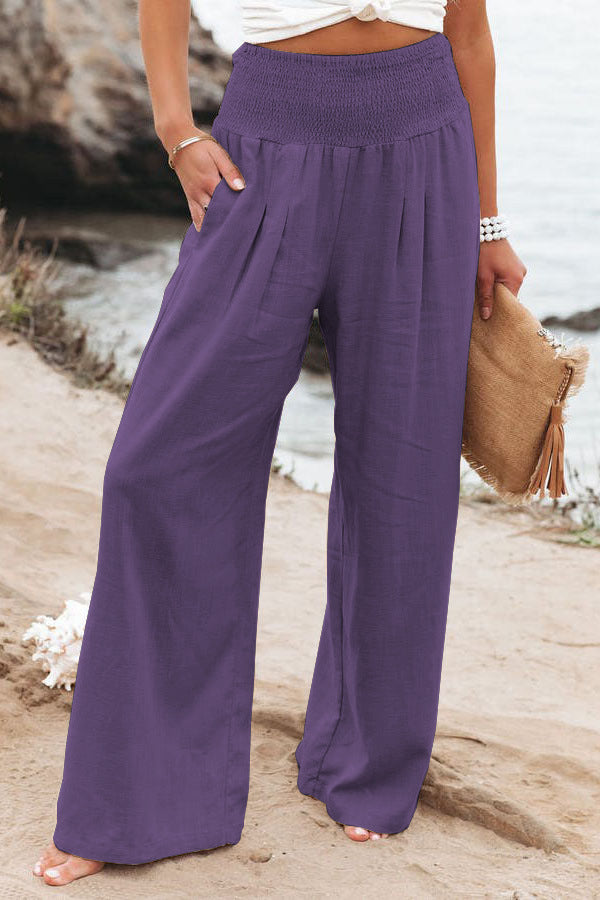 Damen weite Leinenhose mit elastischem Bund und Falten EB