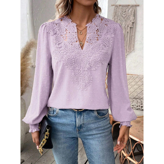 Damen Bluse mit gesticktem V-Ausschnitt und langen Ärmeln EB