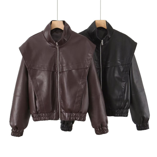 Damen elegante Kunstlederjacke mit hohem Kragen EB