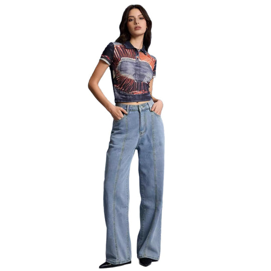 Damen Hoch taillierte weite Jeans mit raffinierten Nahtdetails EB