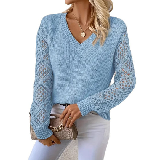 Damen Strickpullover mit raffinierten Häkelärmeln und V-Ausschnitt EB