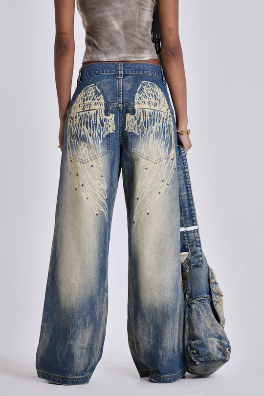 Damen weite Jeans mit kunstvollem Flügel-Design und einzigartigen Details EB