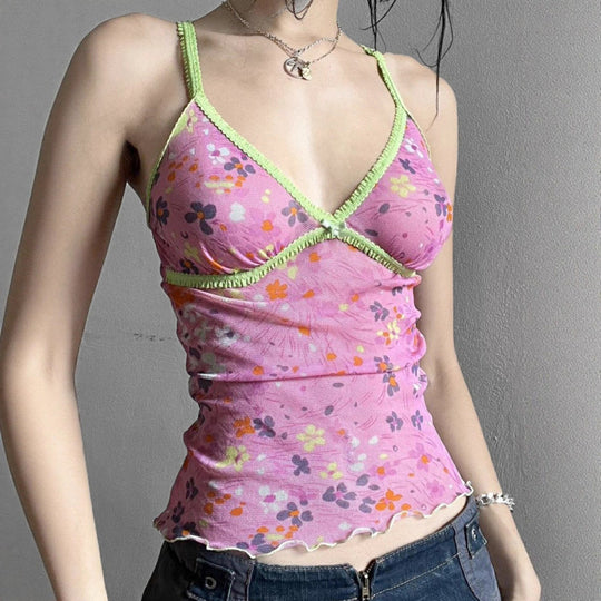 Damen gerafftes Spaghetti-Top mit floralem Muster und feinen Spitzenakzenten EB