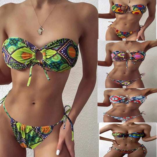 Damen Bandeau-Bikini mit aufregendem Mustermix und verstellbaren Trägern EB
