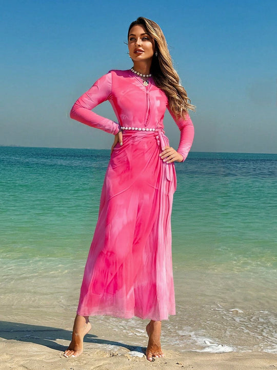 Damen Elegantes Strandkleid mit transparenten Ärmeln und drapiertem Design EB