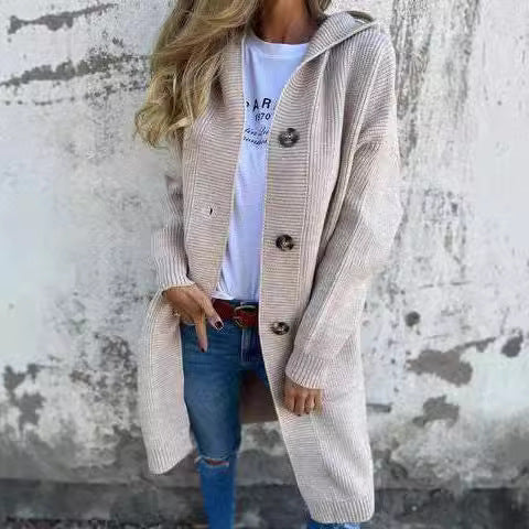 Damen kuschelige Strickjacke mit Kapuze und großen Taschen EB