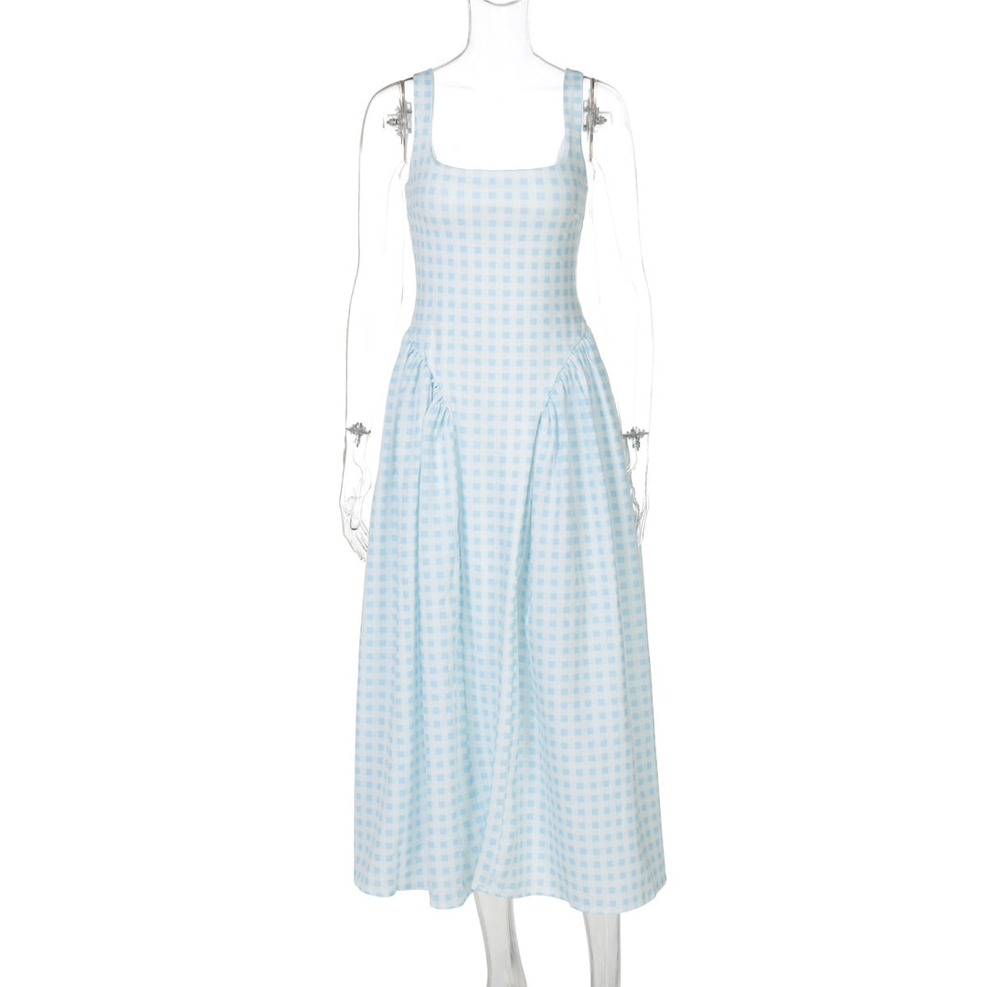 Damen Sommerliches Maxikleid mit Karo-Design und seitlichen Raffungselementen EB