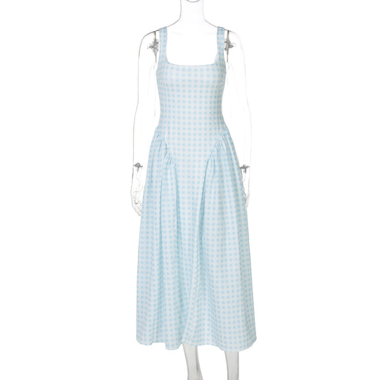 Damen Sommerliches Maxikleid mit Karo-Design und seitlichen Raffungselementen EB