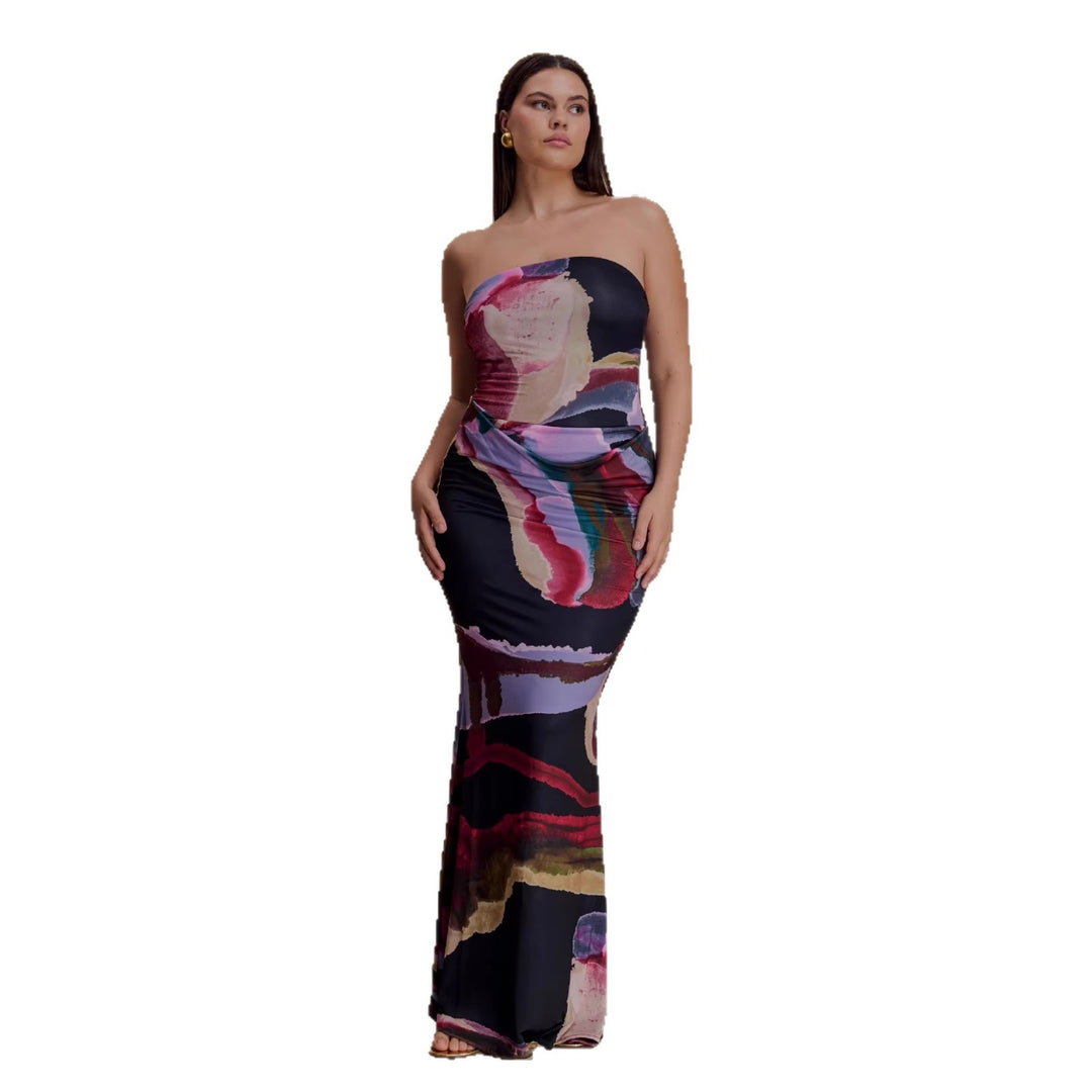 Damen Strapless Maxikleid mit fließendem Stoff und kunstvollem Druck EB