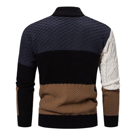 Herren nan strukturierter Patchwork-Strickpullover mit hohem Stehkragen und kombinierten Strickmustern EB